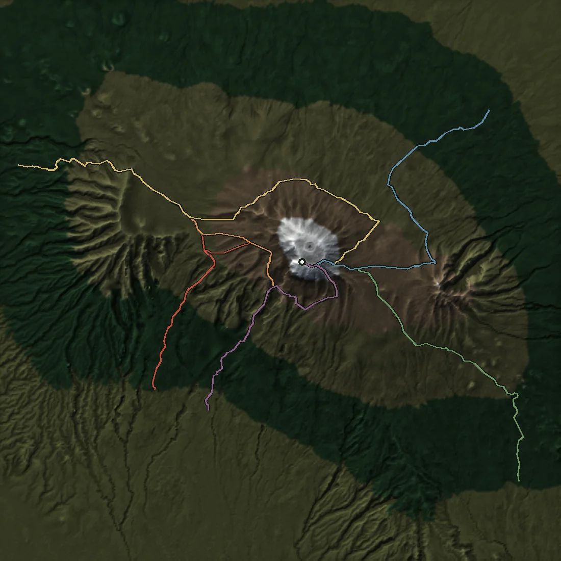Shaded relief map of the Kilimanjaro massif showing the Shira Plateau to the west, the glaciated dome of Kibo at the centre and the jagged peak of Mawenzi to the east.